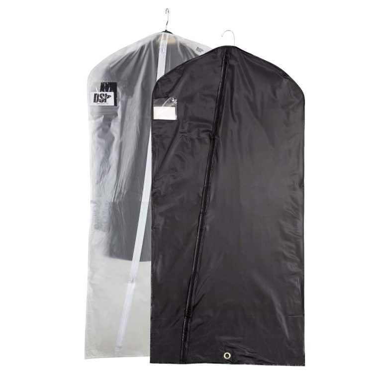 52‑inch black vinyl garment bag with full‑length diagonal zipper, reinforced hanger‑seam top, clear ID window, ventilation grommet at bottom, and base carry handle—durable storage for uniforms or dresses. also in frosty clear