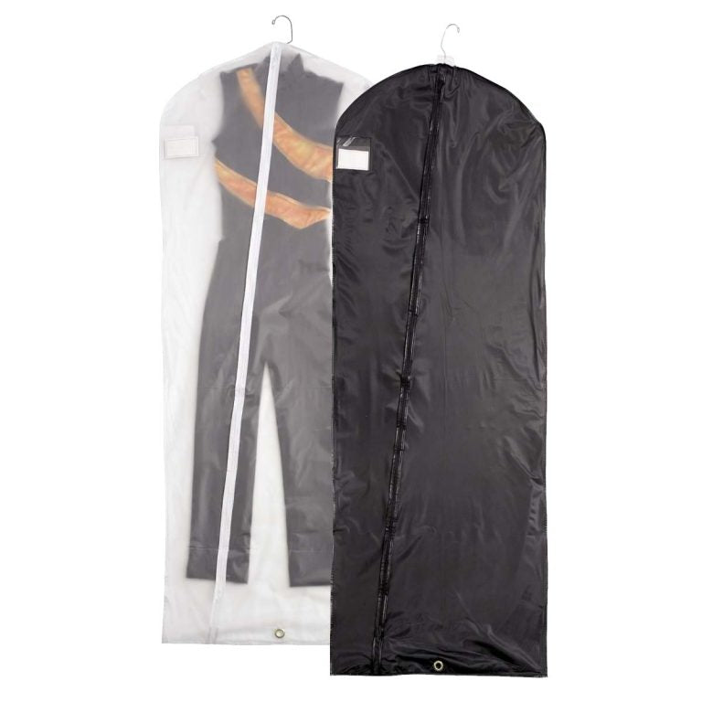 A black vinyl garment bag with a clear ID window, featuring a reinforced hanger hole and ventilation holes, displayed next to its content visible through the clear window.