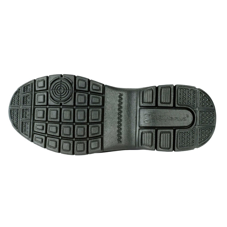 Sole view of RPM marching shoe showing full-length TPR rubber outsole with multidirectional tread pattern, reinforced heel pivot zone, and flex grooves for grip on turf, grass, and gym floors