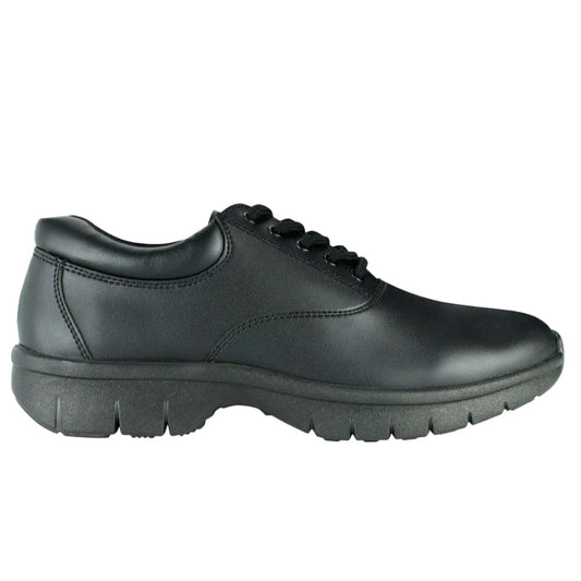 RPM marching shoe in black vegan leather, featuring reinforced double-stitch upper, TPR rubber sole with new multidirectional tread, reflex toe and heel for quick stops, and reduced tongue for a clean line.