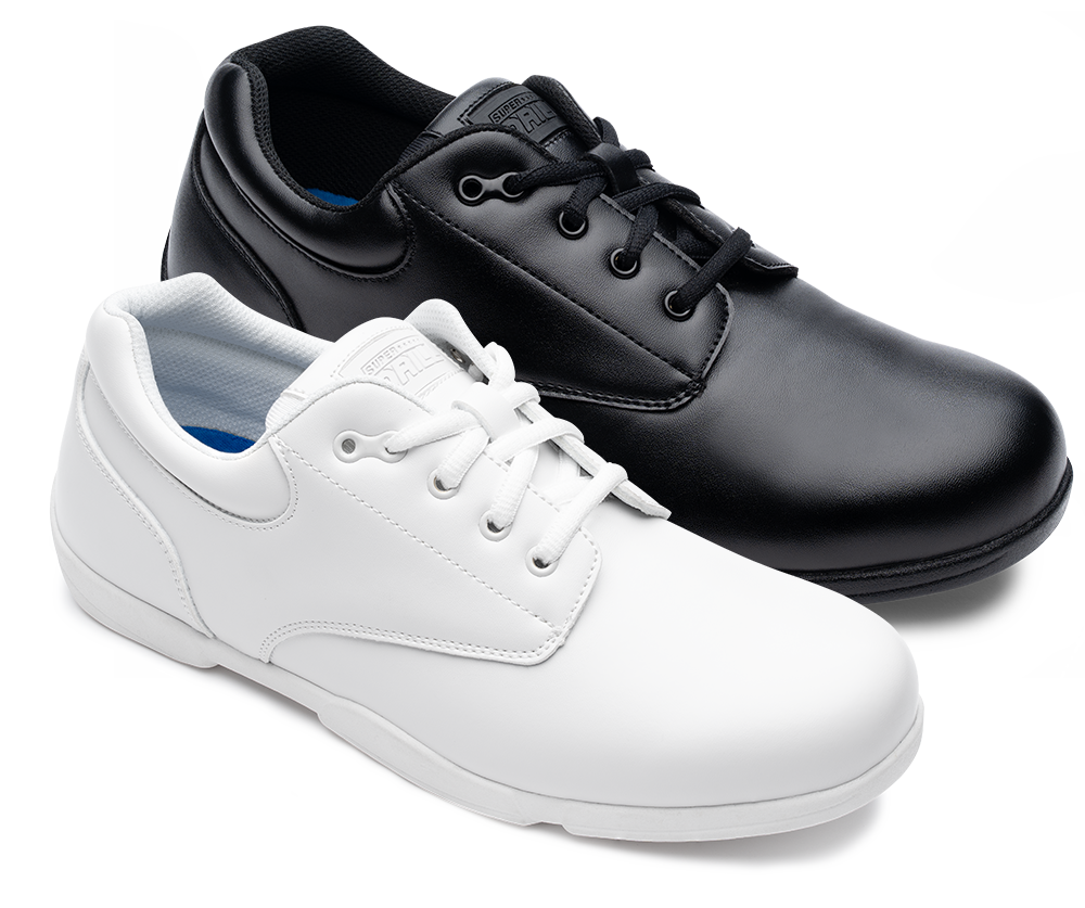 Same silhouette —
everything else, just hits different.
Our flagship Super Drillmasters marching band shoe, remolded and upgraded with all-new components from top to bottom for improved fit, feel, and function.
The essentials stayed: rolled heel, flex channel, split sole, Achilles notch. Wearability and durability are a whole new game.
We slashed the weight while boosting flex and grip with a new low-profile thermal rubber outsole. Then we amped the shock absorption and rebound with high-density memory fo