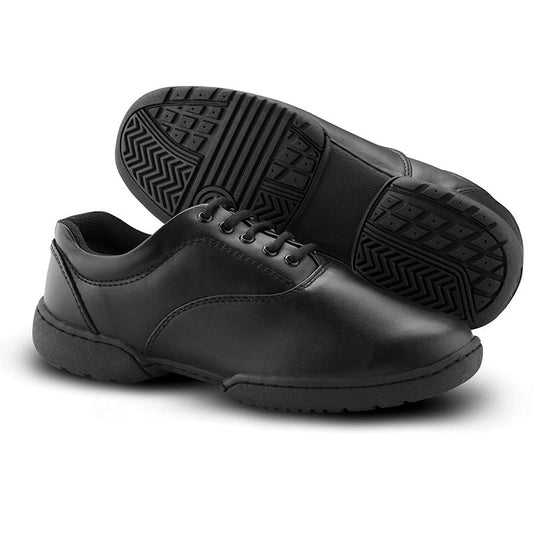 DSI/DeMoulin Viper marching shoe in black with sleek twin‑sole design, vinyl upper, cushioned ankle collar and insole, ideal for modern marching with dance flexibility.