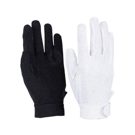 Vivace short cotton glove with PVC grip dots on palm, elastic wrist cuff with adjustable Velcro strap, and reinforced thumb seam—designed for secure baton, flag, or prop handling in colors black or white