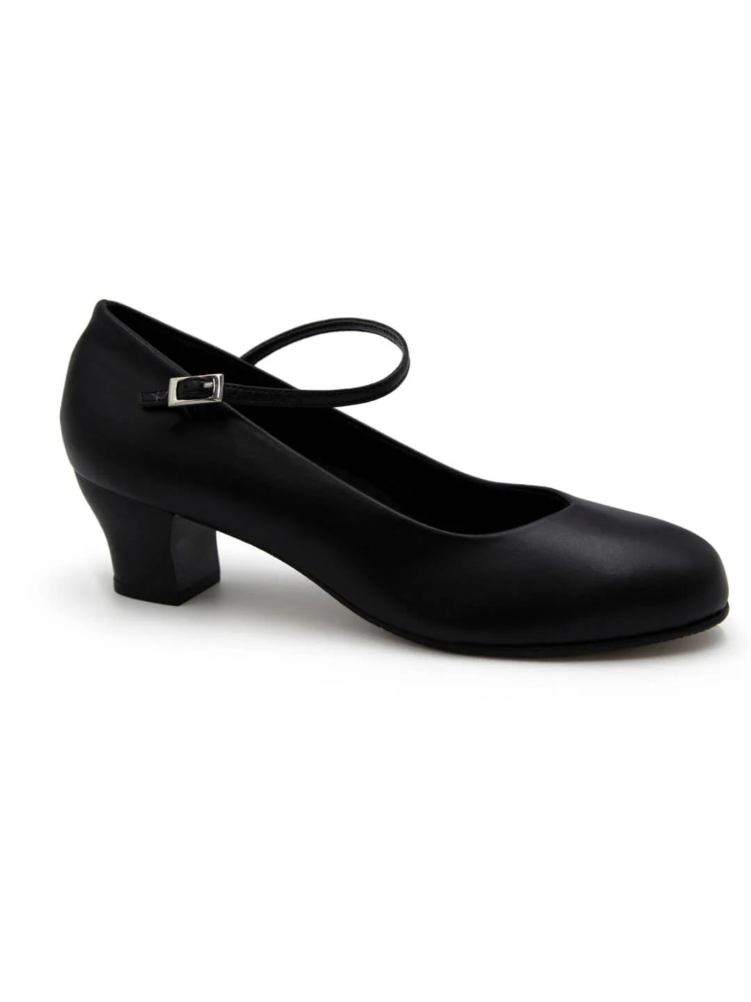 A Black Capezio Character shoe. Black Mia Jr 1.5″ character shoe with PU microfiber upper, leather sole, moderate 1.5″ heel, and V‑vamp buckle strap in studio shot
