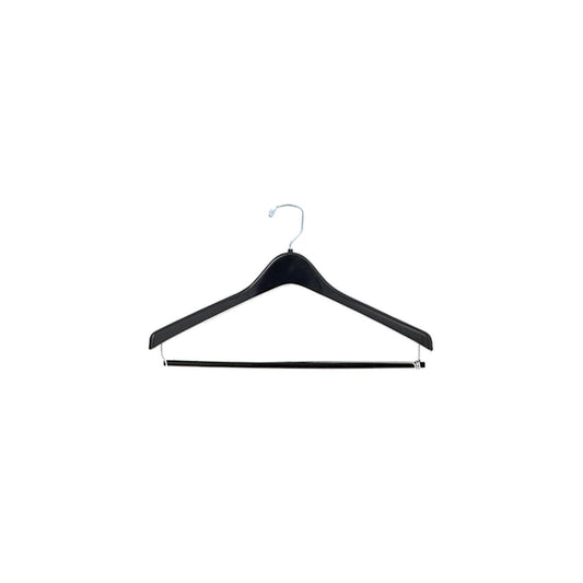 Black 17‑inch contoured plastic suit hanger with polished swivel hook and integrated locking pant bar—securely holds trousers using a locking mechanism at each end.
