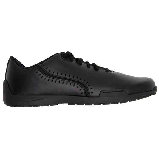 Allegro by DeMoulin black marching band shoe featuring closed‑lace oxford styling, padded mesh tongue, latex heel pod, padded back counter, EVA‑molded arch support, and water‑evacuation outsole with pivot ball for wet grass traction.
