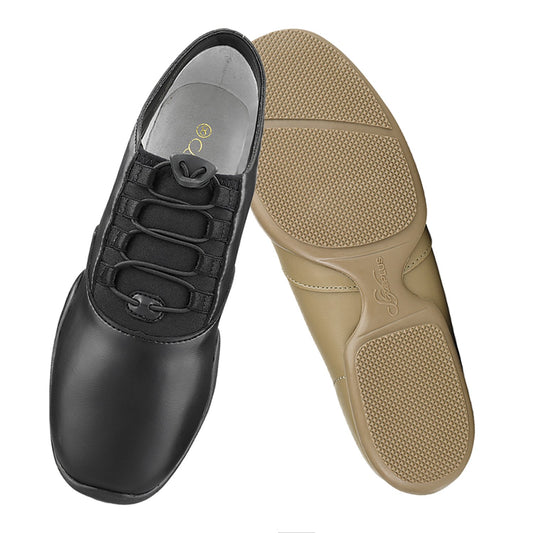 Balancé split-sole guard shoe in black or nude leather upper with elastic gore panels, toggle-tightened dance laces, padded insole, and split rubber sole with textured heel and forefoot for arch protection and smooth turns indoors or outdoors.