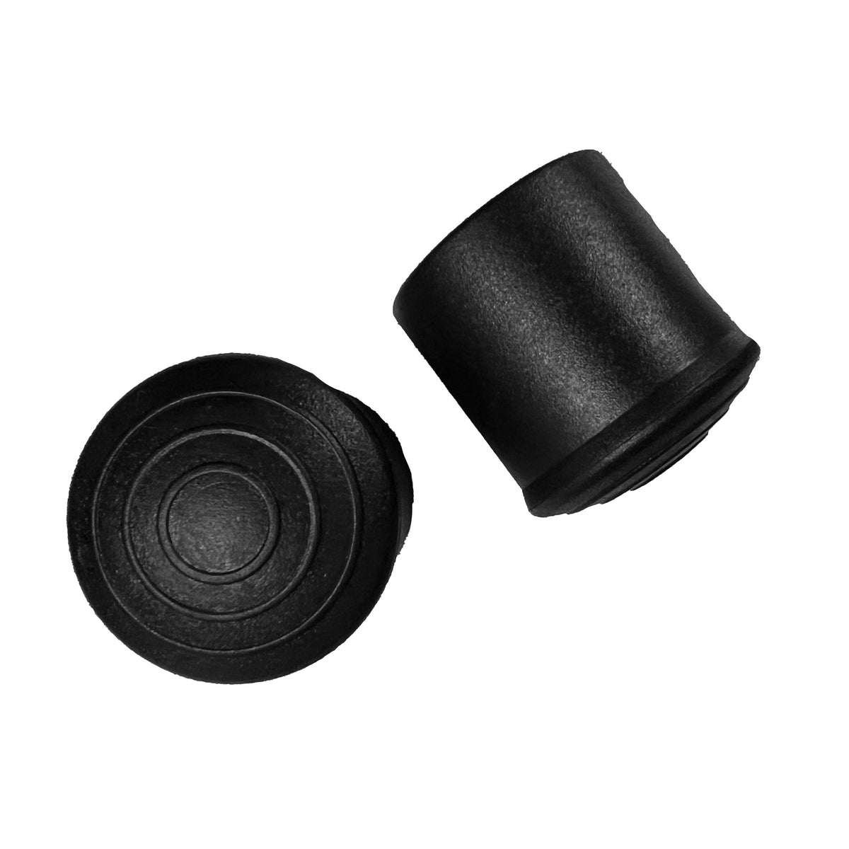 Black Vivace rubber crutch tip pair featuring shallow circular tread pattern underside and straight outer wall—sized for 1″ diameter poles and heavy-duty utility use.