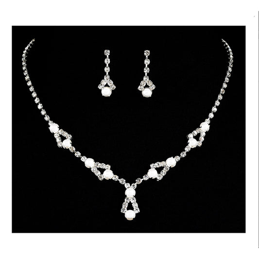 Rhinestone & Pearl Necklace with Matching Drop Earrings Set