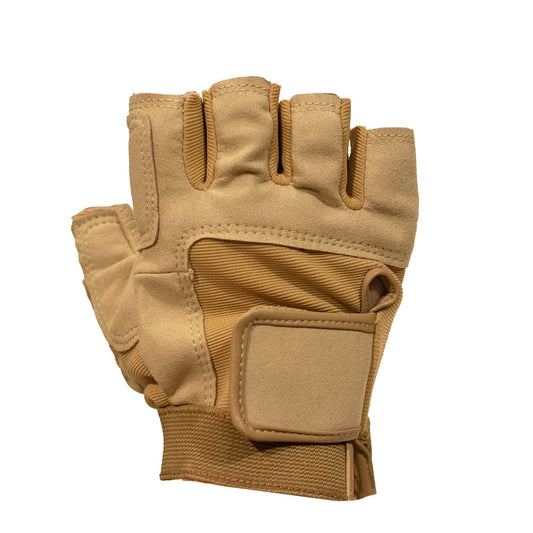tan fingerless guard glove laid flat showing split-finger design, cotton-spandex blend, adjustable Velcro wrist strap, and reinforced palm patch for secure flag or rifle handling