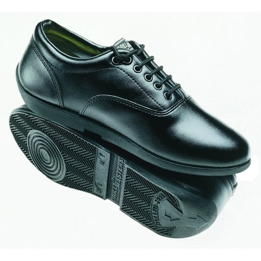 Drillmasters marching shoe in black full-grain leather with oxford-style lace-up front, padded collar, and lightweight non-marking rubber outsole for drill performance. Available in white