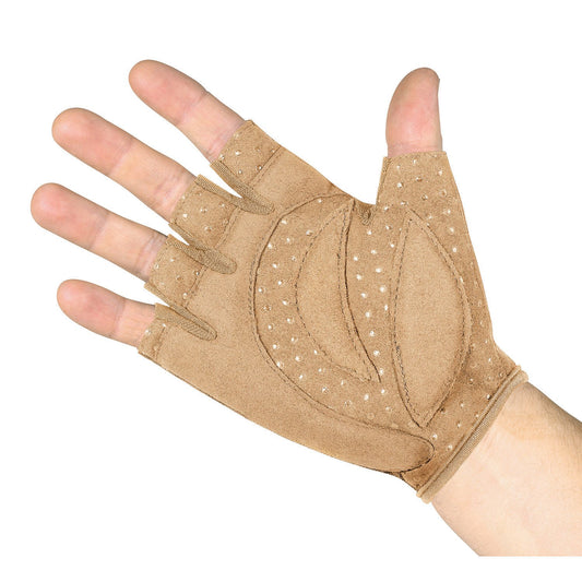 Palm-side flat view of StylePlus Grip Factor gloves showing silicone grip dots on palm and finger base, textured backing for control, and trimmed half-finger openings. in nude or black
