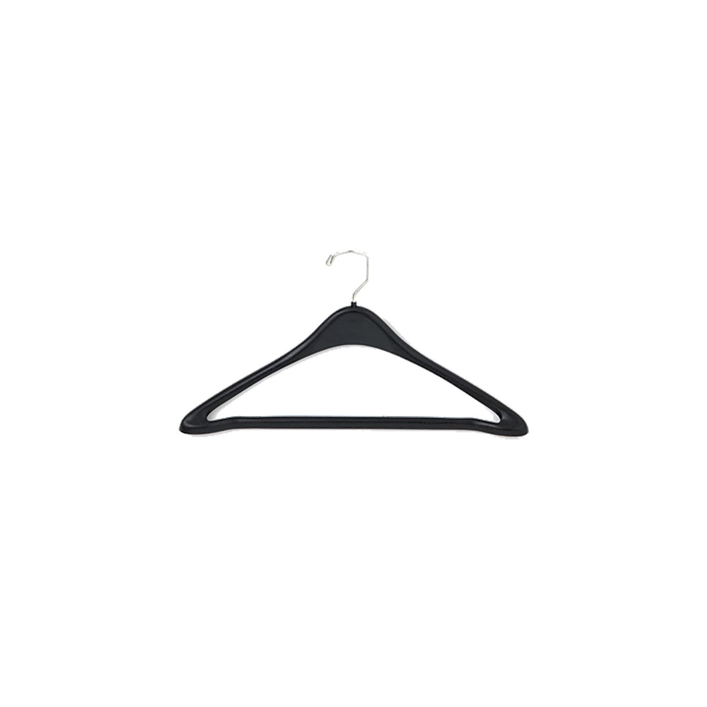 A single 19-inch black plastic hanger featuring contoured shoulders, a durable chrome swivel hook, and a flat lower bar with adhesive backing—ideal for securing pants in garment bags during travel.