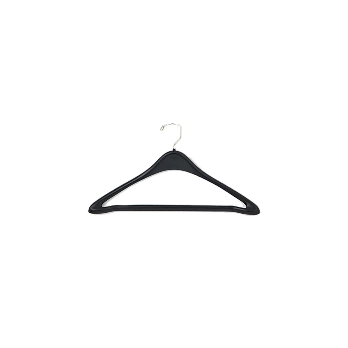 A single 19-inch black plastic hanger featuring contoured shoulders, a durable chrome swivel hook, and a flat lower bar with adhesive backing—ideal for securing pants in garment bags during travel.