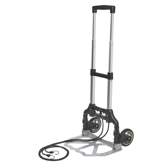 Silver aluminum and black-plastic plume cart with telescoping handle, two 8″ wheels, and elastic bungee cord to secure plume bags—designed for easy transport of color guard equipment
