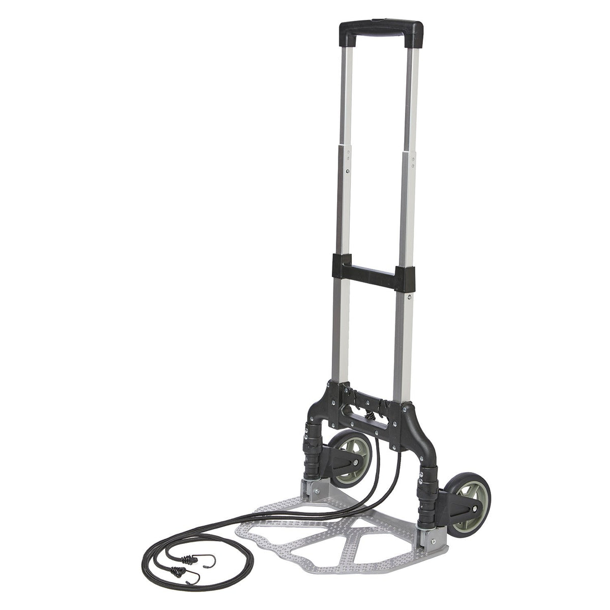 Silver aluminum and black-plastic plume cart with telescoping handle, two 8″ wheels, and elastic bungee cord to secure plume bags—designed for easy transport of color guard equipment
