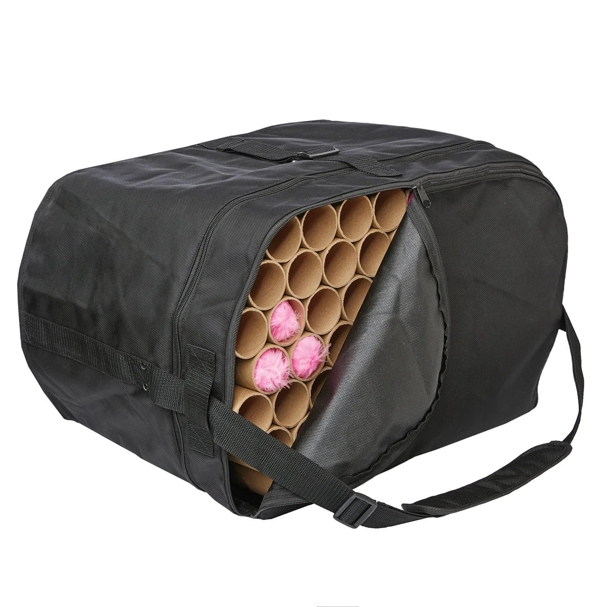 Deluxe plume bag opened to reveal 18 honey‑comb tubes securely fitted inside, with three pink plumes inserted—constructed to protect and separate plume feathers