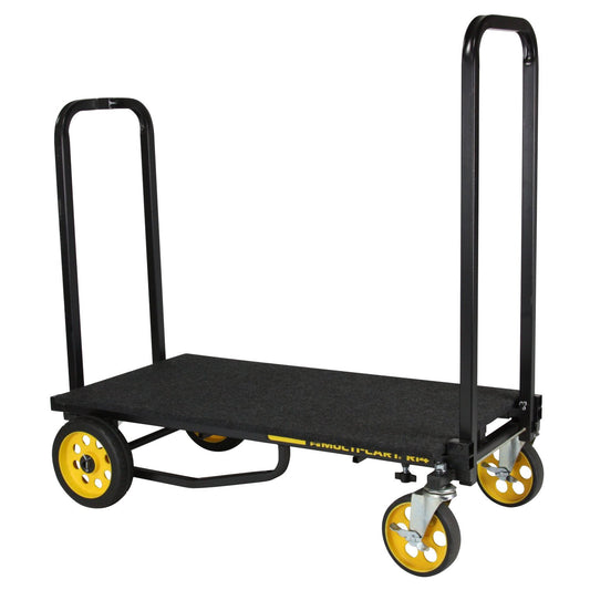 RockNRoller R14 solid deck mounted on an R14/R18 multi-cart, featuring a black, carpeted two-piece plywood platform and chrome fold-down handles—providing a stable surface for equipment