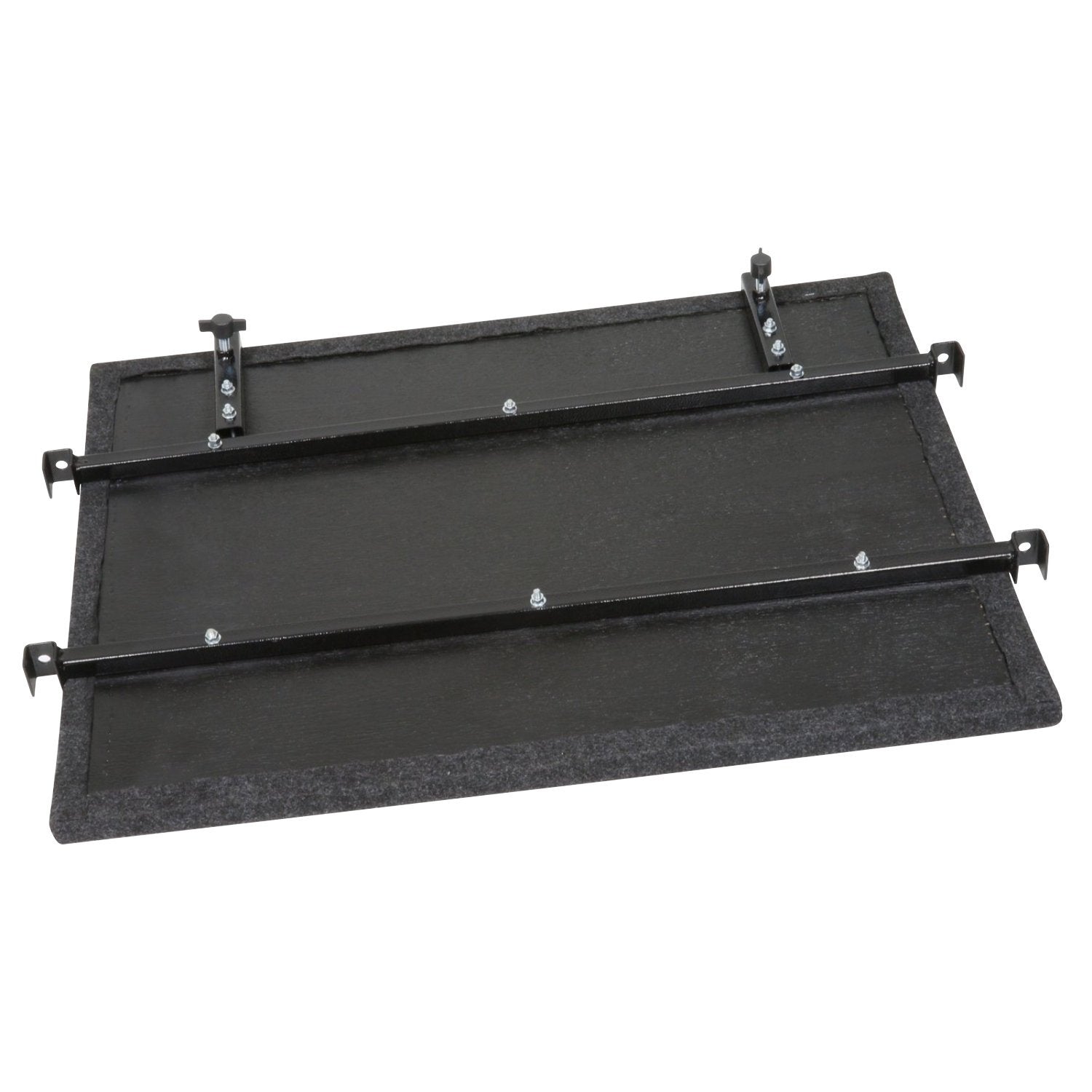 Flat-lay of two carpeted multimedia shelves—one 24″×31″ base shelf and a 10″×31″ upper shelf—with steel support tubes underneath, ready to be attached to a cart frame.