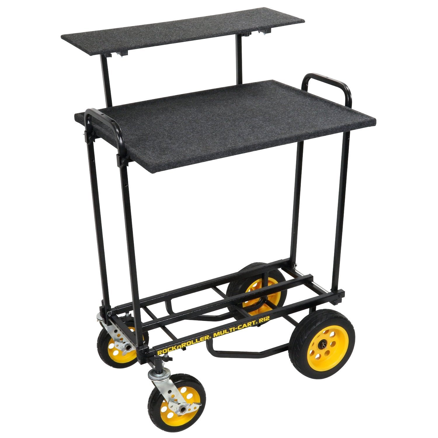 A 2 Tier Multi Media Shelf with black color, featuring a top shelf and two lower tiers, mounted on a set of four caster wheels, with two wheels having yellow rims.