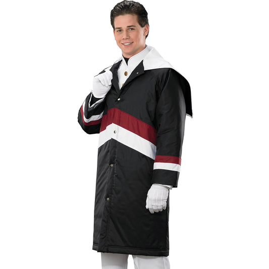 Deluxe Performer black and white raincoat worn by model over uniform, featuring full-length cut, white yoke and sleeve stripe accents, front snap closure, and hip-length protective storm flap