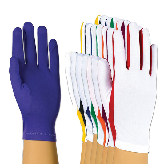 Set of StylePlus Flash Gloves in assorted palm colors (red, green, navy, yellow, orange, maroon, purple, black) with consistent white backhand and elastic cuffs, one size fits most.