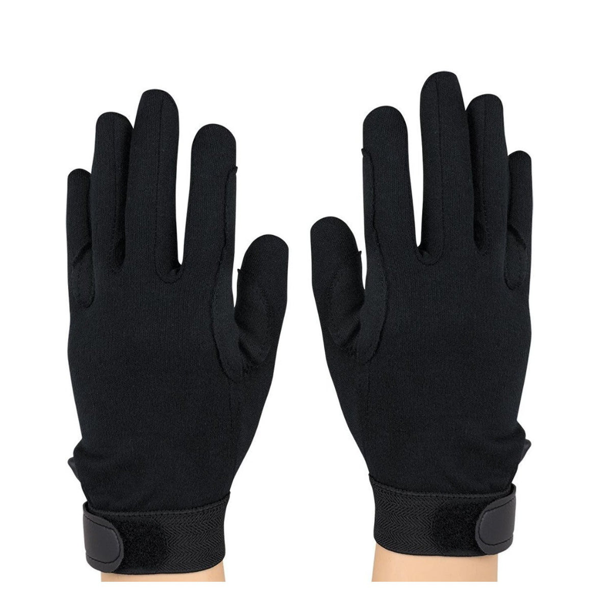 Back-of-hand view of StylePlus Deluxe Military Gloves revealing cotton knit across knuckles and extended wrist coverage with snug fit. in black
