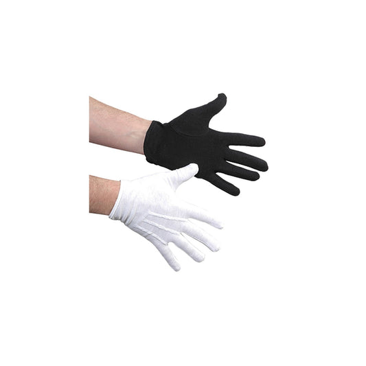 Hands wearing StylePlus cotton military gloves showing snug full-finger fit, seamless knit across knuckles, and stretch wrist cuff—perfect for ceremony and performance. in black or white
