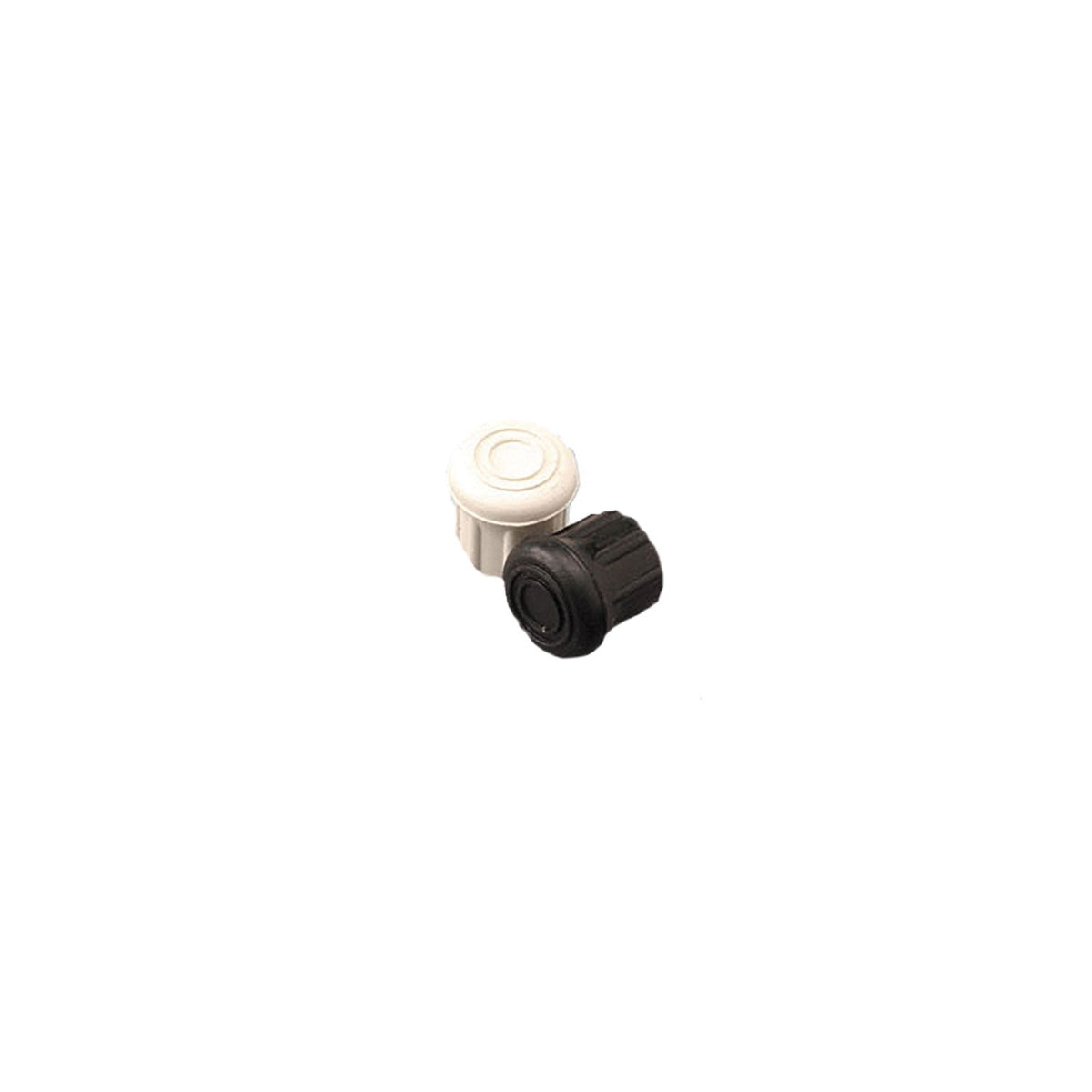 Close-up of rubber crutch tip rotated atop another, showing circular tread underside and thick wall—emphasizing non-slip design and pole-end protection.
