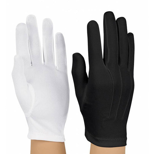 Pair of StylePlus nylon stretch gloves in black and white, full-finger coverage, smooth elastic knit, and ribbed back with wrist cuff for secure fit
