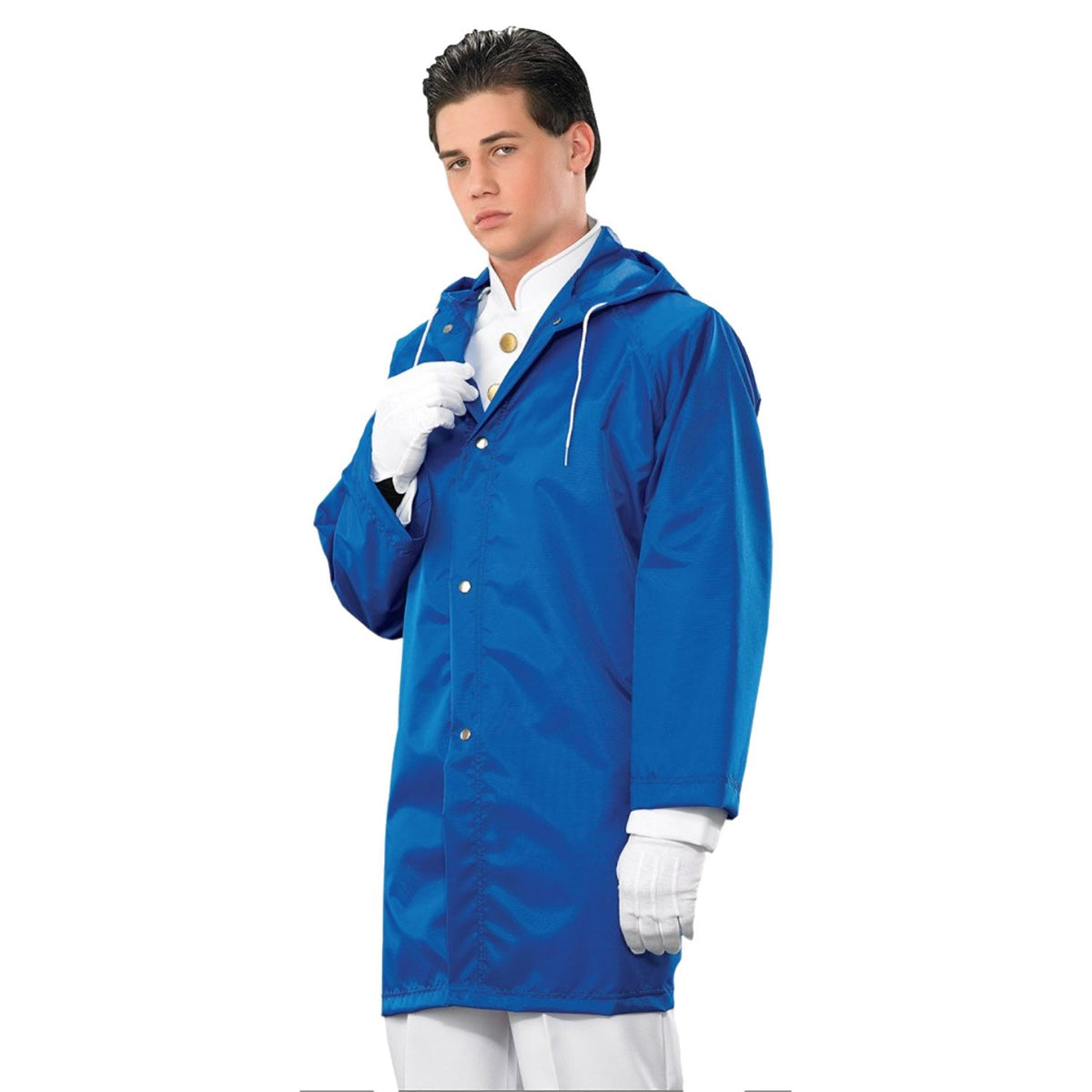 Front view of StylePlus Spectra‑Lite blue nylon raincoat with drawstring hood, front snap closure, seam‑sealed shoulders—worn over marching uniform for full weather protection. available in red, maroon, orange, yellow, kelley, dark green, navy, royal, purple, black, grey, brown, and white