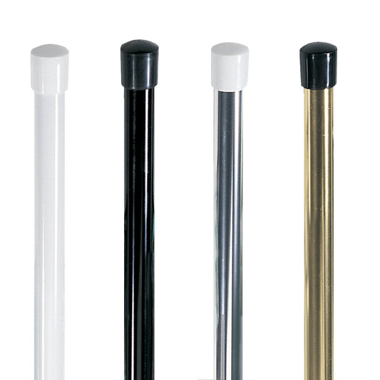 A set of four 1″‑diameter 2‑piece economy aluminum poles in white, black, silver, and gold anodized finishes, each with matching end caps—designed for cost-effective color guard flag use