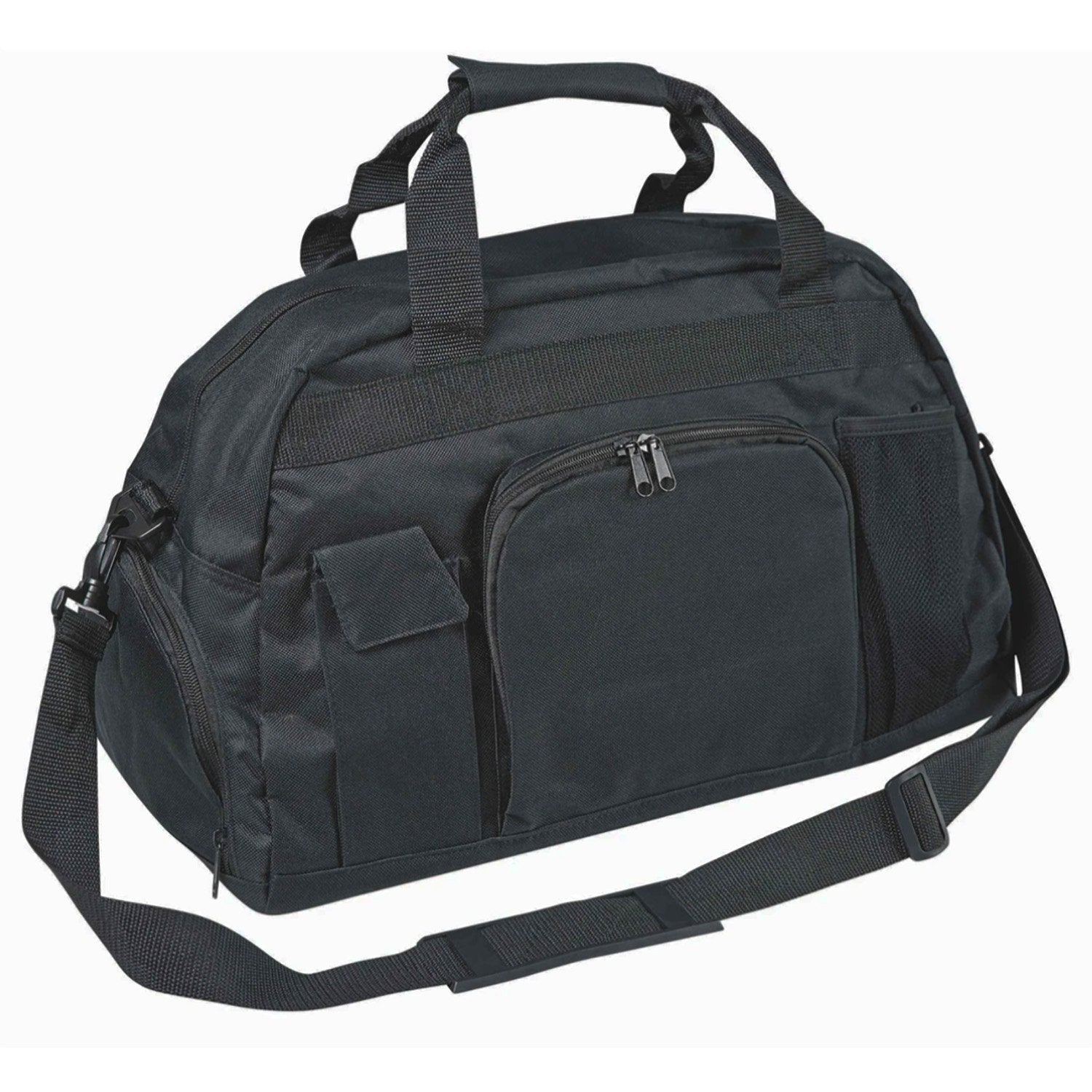 Black Super Day Pack made from 600‑denier nylon with PVC backing, featuring dual carry handles, adjustable shoulder strap, front mesh zip pocket, side pouches, and reinforced plastic bottom—ideal for storing shoes, outfit, makeup, and water bottle with compact 19″ × 11″ × 10.5″ size