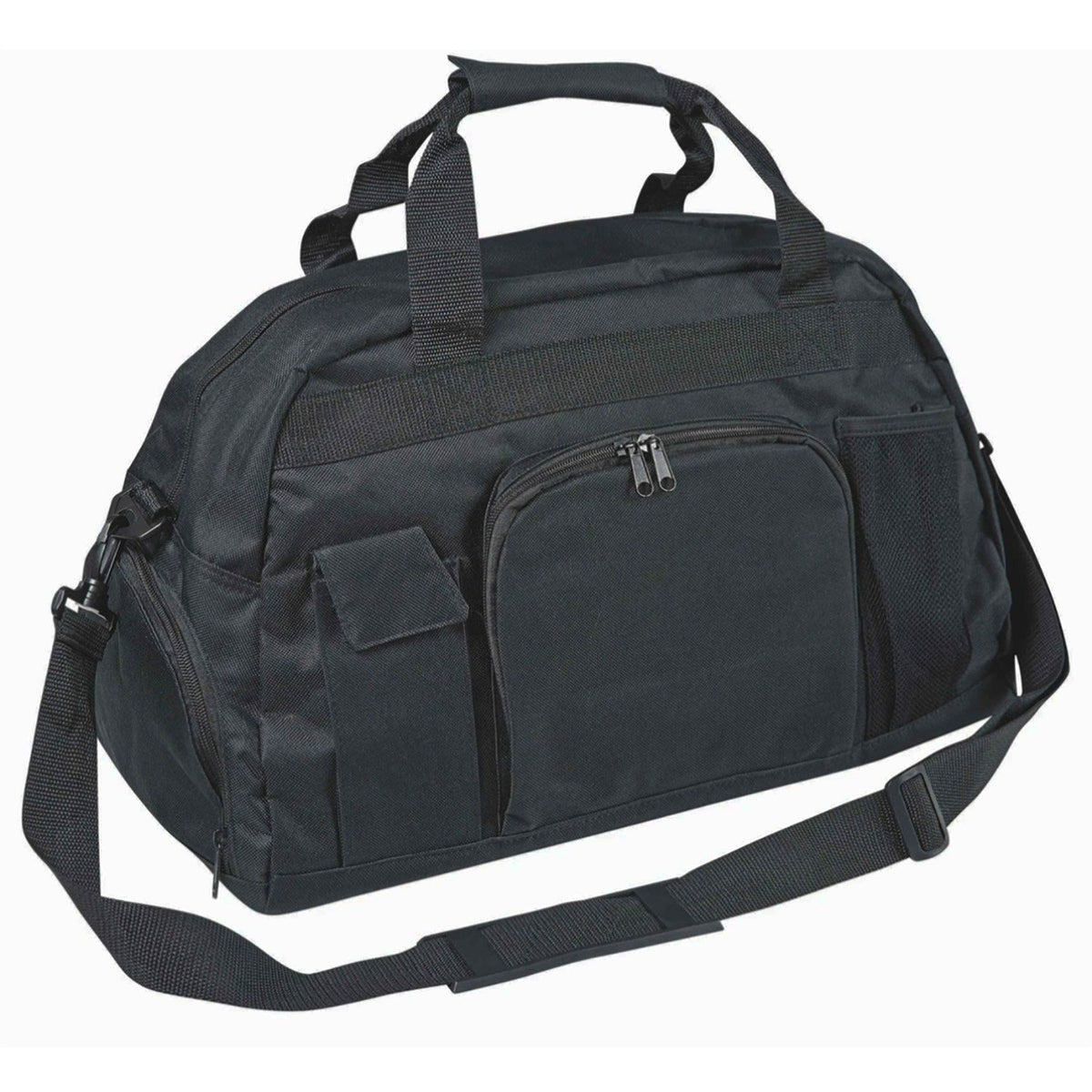 Black Super Day Pack made from 600‑denier nylon with PVC backing, featuring dual carry handles, adjustable shoulder strap, front mesh zip pocket, side pouches, and reinforced plastic bottom—ideal for storing shoes, outfit, makeup, and water bottle with compact 19″ × 11″ × 10.5″ size