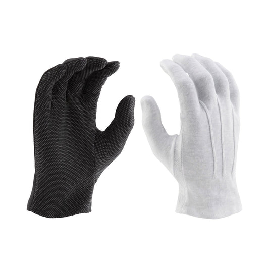 Back-of-hand view of StylePlus Sure-Grip glove highlighting smooth polyester knit across knuckles, full-finger coverage, and comfortable stretch fitClose-up of StylePlus Sure-Grip glove palm showing silicone grip dots covering fingers and palm with elastic-bound wrist cuff