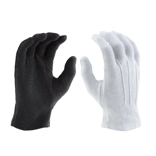 Vivace short cotton glove with PVC grip dots across the palm, snug elastic wrist cuff, and reinforced thumb seam—designed for secure contact with flags, batons, or props. available in black or white