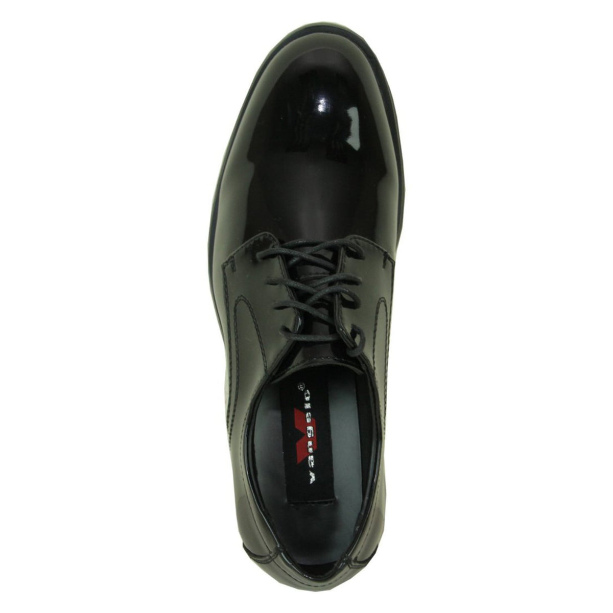 Top view of Vangelo Tux‑1 Tab Oxford tuxedo shoe in black patent leather showing rounded square toe, smooth glossy upper, and stitched lace panel for polished formalwear.