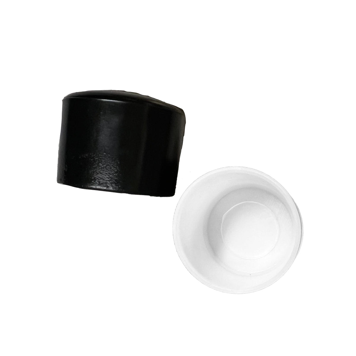 White and black Vivace vinyl pole cap shown both outside and inside views—smooth exterior cap and hollow interior lip to securely grip 1″ pole shafts.