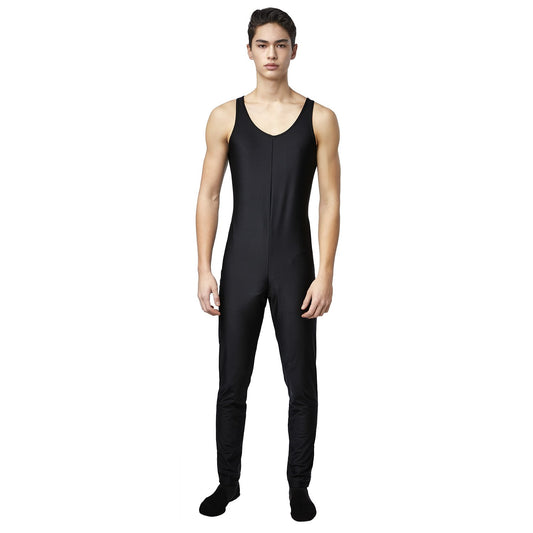 Vivace unisex black stretch spandex unitard on male model, featuring scoop neckline and full-length fitted legs suitable for marching band or color guard.