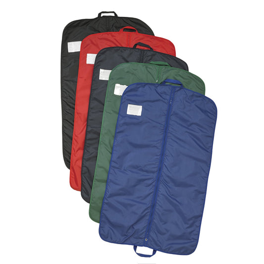 Black Vivace 47″ garment bag made of durable 600-denier nylon featuring a full-length center zipper, top hanger slot, two front zippered pouches (one small, one larger), and reinforced bottom handle—designed to hold uniforms and accessories. in red, black, navy, royal, green