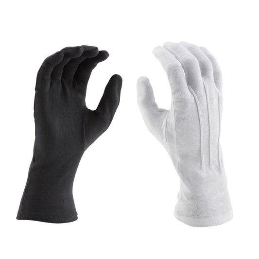 Hands wearing Vivace long-wrist cotton gloves, showing fitted full-finger design, snug wrist sleeve, and smooth knit texture ideal for marching or ceremony