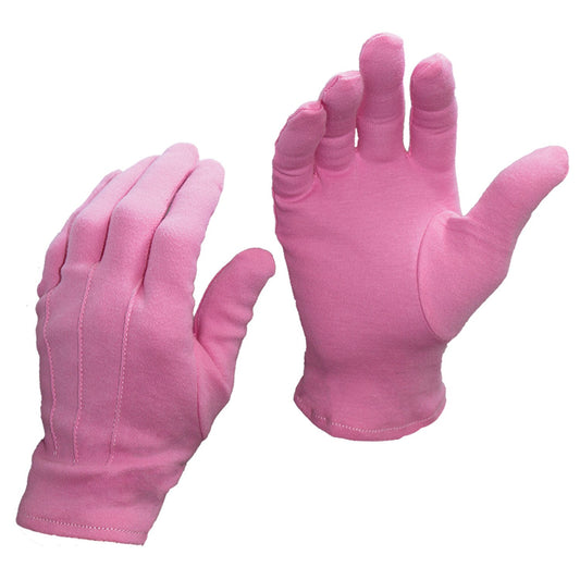 Pair of Vivace short-wrist cotton gloves in pink, featuring full-finger coverage and elastic wrist cuffs, made from soft knit fabric—ideal for add-a-pop-of-color uniform and ceremonial use.