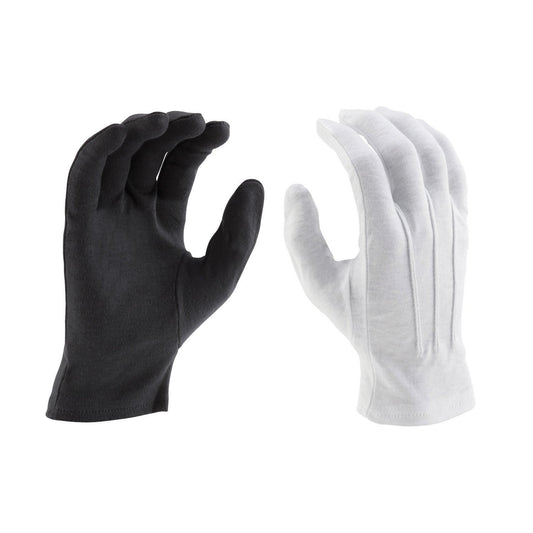 Pair of Vivace short wrist cotton gloves in black and white, palm-side out, showing full-finger coverage, snug elastic wrist cuff, and dot-pattern PVC grip surface designed for secure flag and equipment handling