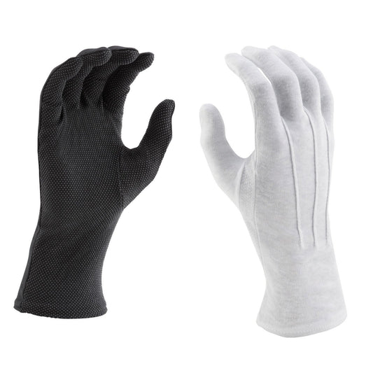 Pair of Vivace long-wrist cotton gloves in black and white, featuring full-finger coverage, extended wrist knit cuff, and densely patterned PVC grip dots on palm and fingers—designed for secure flag, baton, and equipment handling.