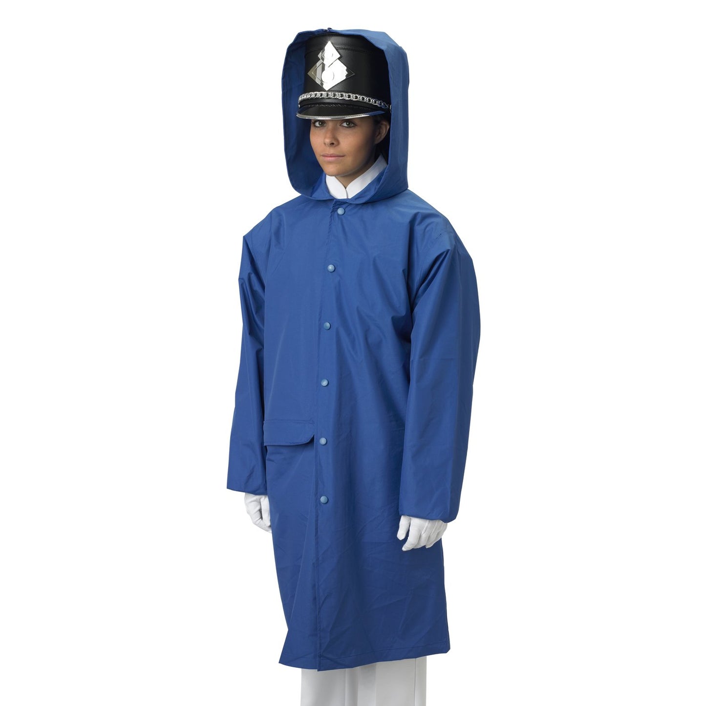 Model wearing royal-blue Vivace Dry-Pack raincoat with roomy hip-length cut, sailor-collar hood, front snap closure, elastic sleeve cuffs, and water-resistant PVC-coated Taslan shell designed to fit over marching uniforms. also available in navy, royal, red, and black