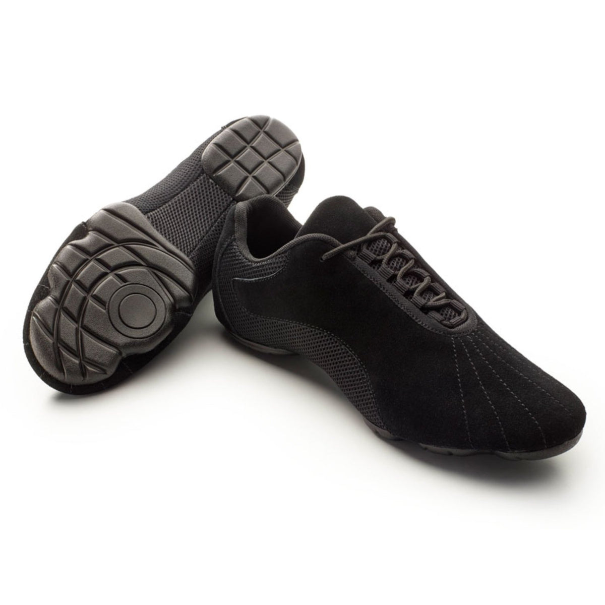 Dinkles Accent split‑sole guard shoe in black suede and woven mesh upper, featuring flexible forepart, unique lacing system, and molded insole—designed for color guard and frontline durability