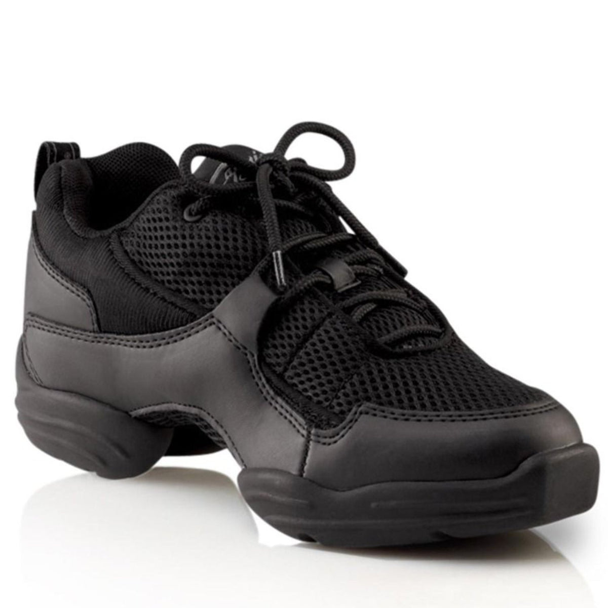 Capezio Fierce™ Dansneaker in black featuring tech‑mesh and PU leather upper, sporty lacing, padded collar, and split‑sole flexible outsole with pivot point for dance turns.
