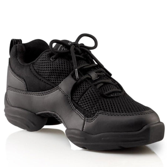 Capezio Fierce™ Dansneaker in black featuring tech‑mesh and PU leather upper, sporty lacing, padded collar, and split‑sole flexible outsole with pivot point for dance turns.