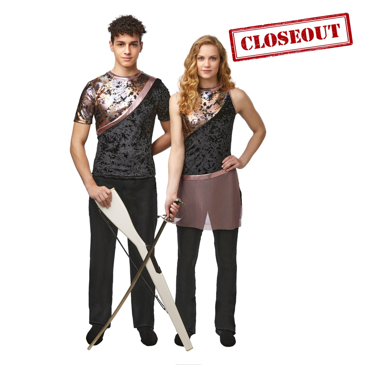 Vivace Avidity tunic with sleeveless mock neck, crushed velvet black body, rose‑gold oil‑spill patterned bodice, and sheer mauve drop‑waist skirt. Accompanied by a Male version of the same style top.