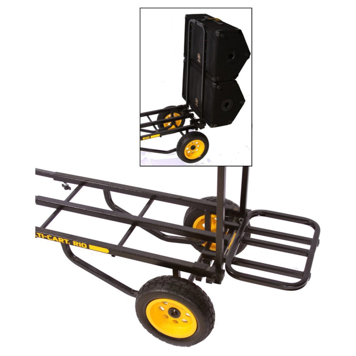 Black powder-coated steel Cart Extension Rack mounted on a mobile equipment cart, showing grid platform extending cargo area—complete with large yellow pneumatic wheels and swivel castersClose-up of the empty Cart Extension Rack platform—featuring slatted design, reinforced tabs for secure cart attachment, and sturdy rectangular tube frame in matte black finish